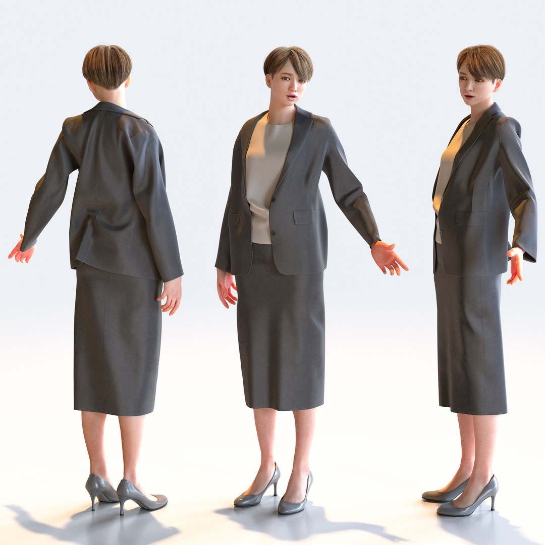 Posed Asian Business Woman 3D Model – Low Poly Game Asset, FBX/OBJ - View 9