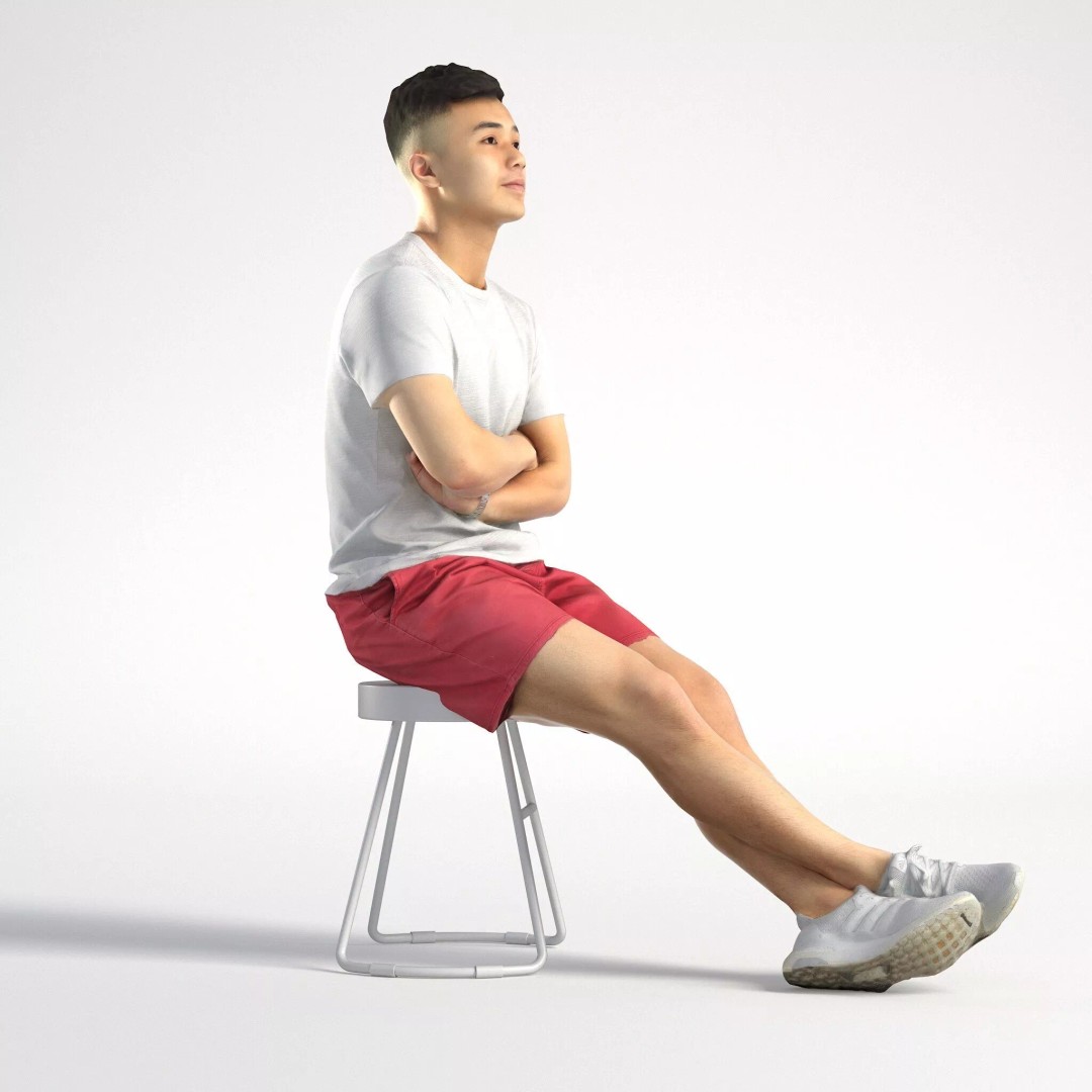 Asian Male Character 3D Model – Low Poly Casual Sitting Asset, FBX - View 3
