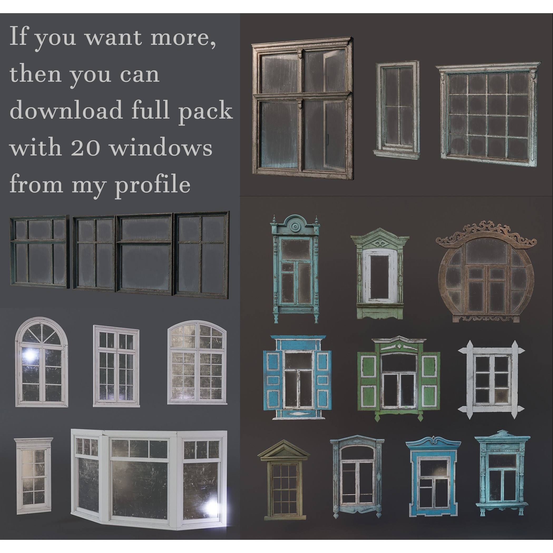 Old Windows Pack - Low-Poly Game-Ready 3D Model - View 4