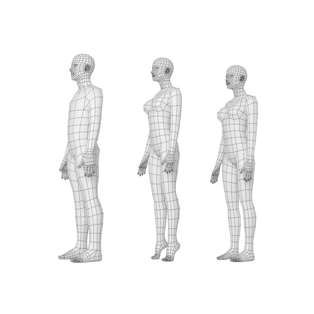 Natural Male and Female Base Mesh 3D Model – Low Poly Character Asset, FBX - View 14