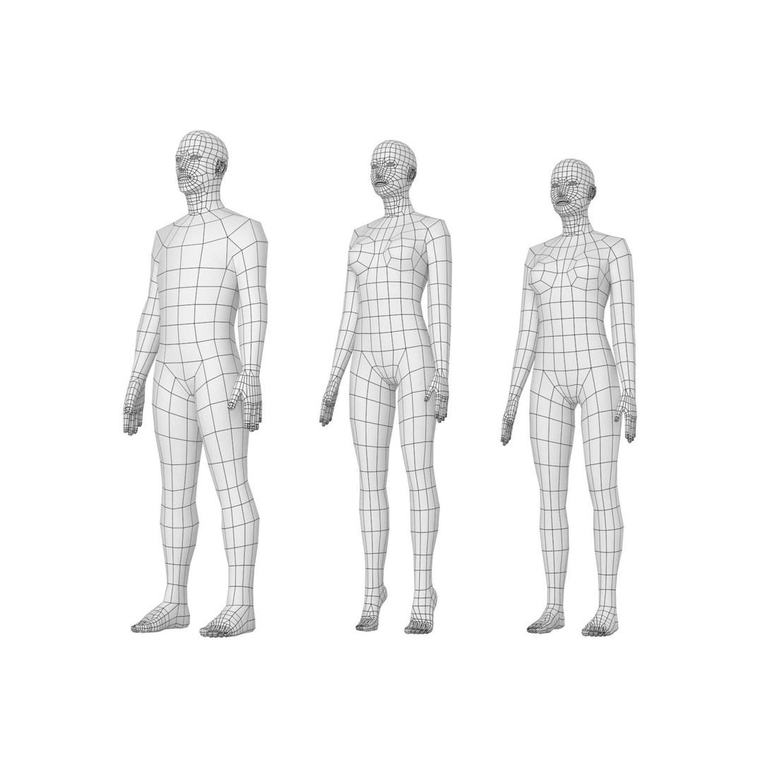 Natural Male and Female Base Mesh 3D Model – Low Poly Character Asset, FBX - View 3