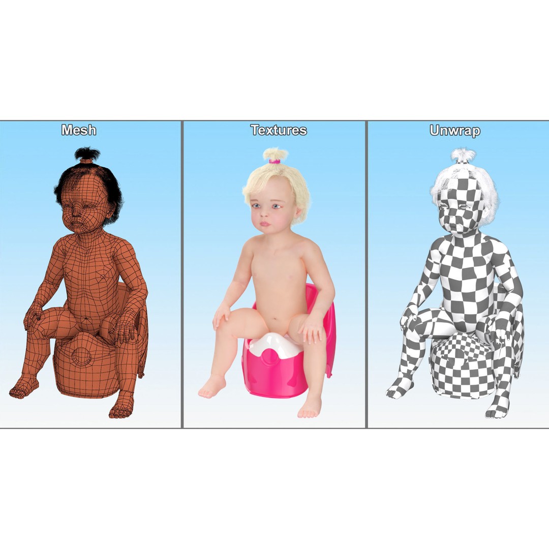 Toddler Girl on Potty 3D Model – High Quality Character Asset, PBR Textures - View 16