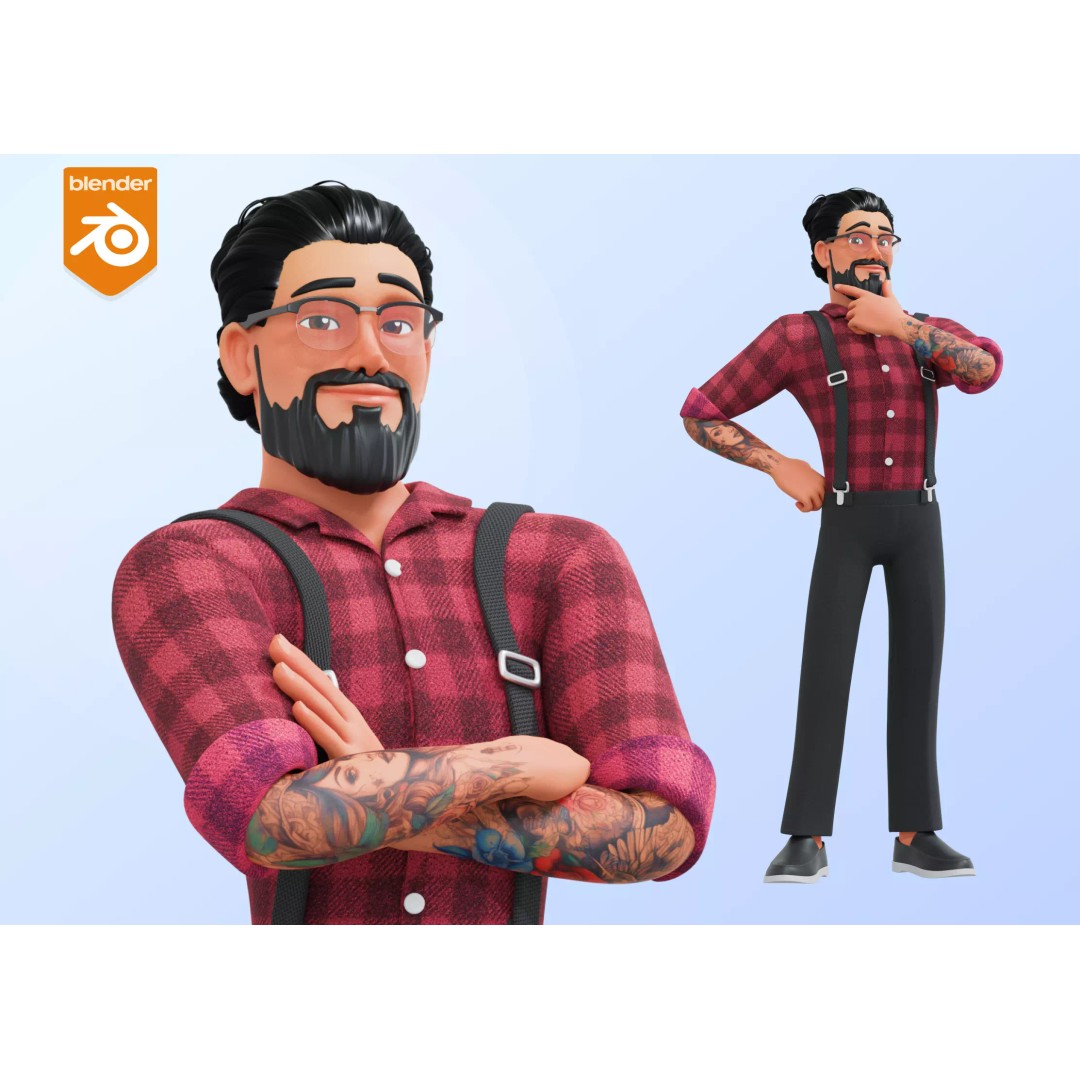 Hipster Man 3D Model – Low Poly Cartoon Character, Rigged FBX - View 2