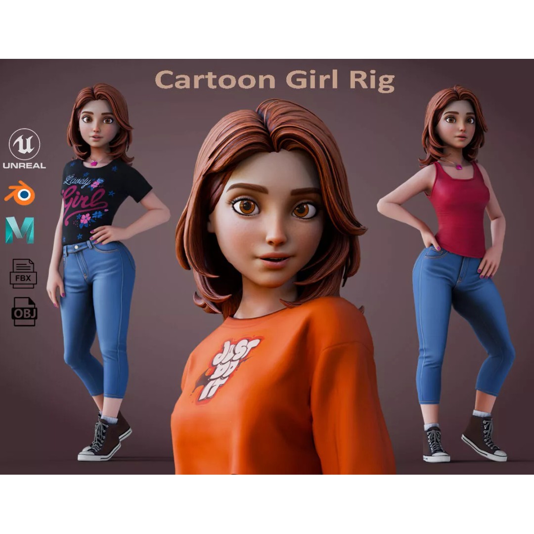 Cartoon Girl Rig 3D Model – Low Poly Character, FBX & Blender - View 2