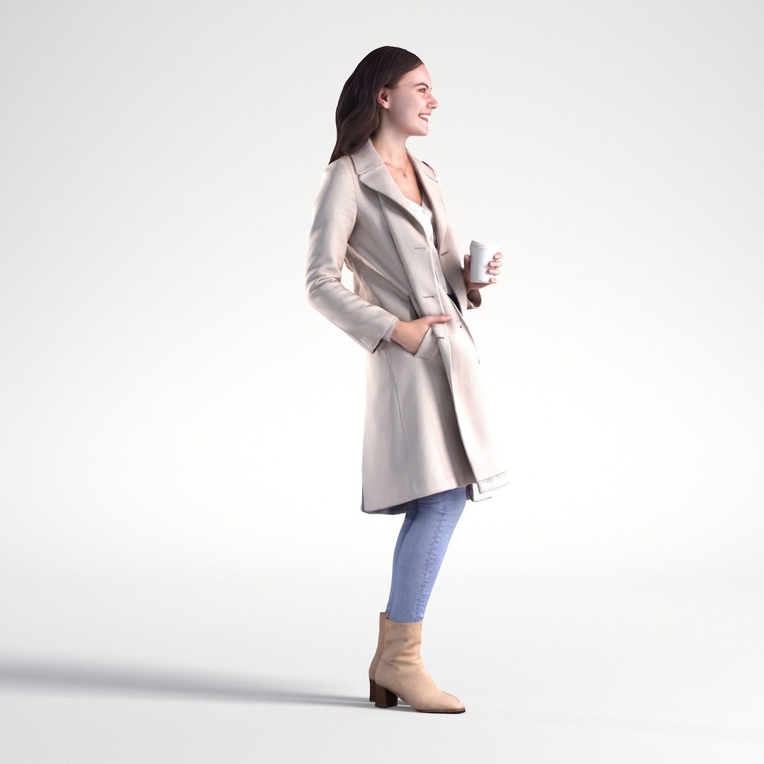 Walking Woman 3D Model – Low Poly Character with Coffee Cup, FBX - View 3