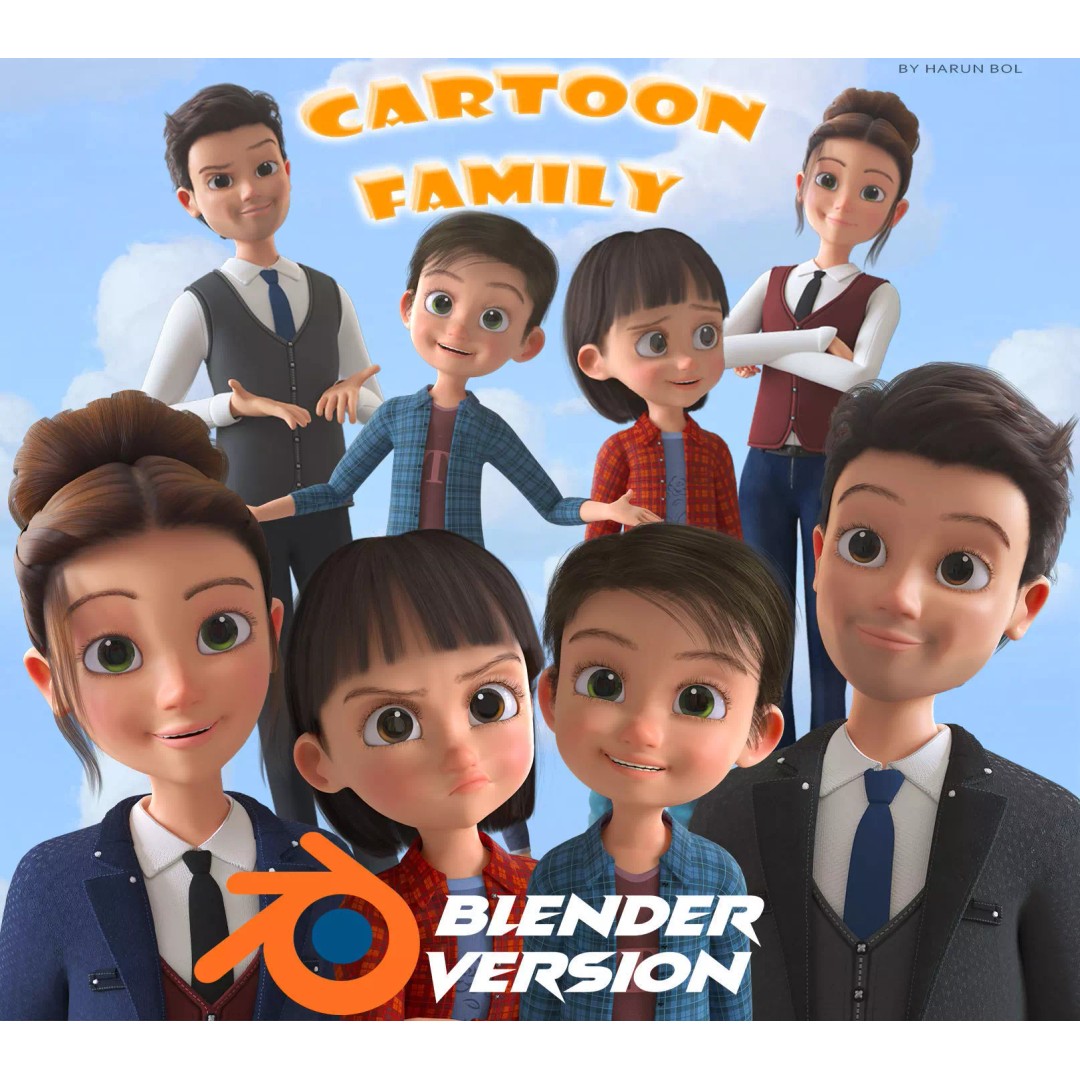 Cartoon Family 3D Model – Low Poly Rigged Characters for Animation - View 2