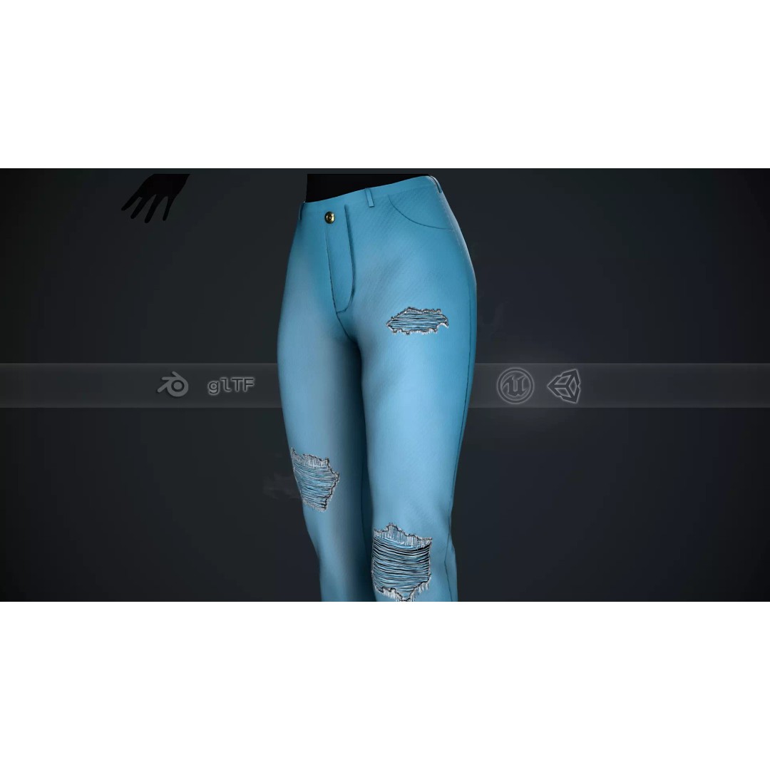Female Light Blue Ripped Jeans 3D Model – Low Poly PBR Game Asset, FBX - View 2