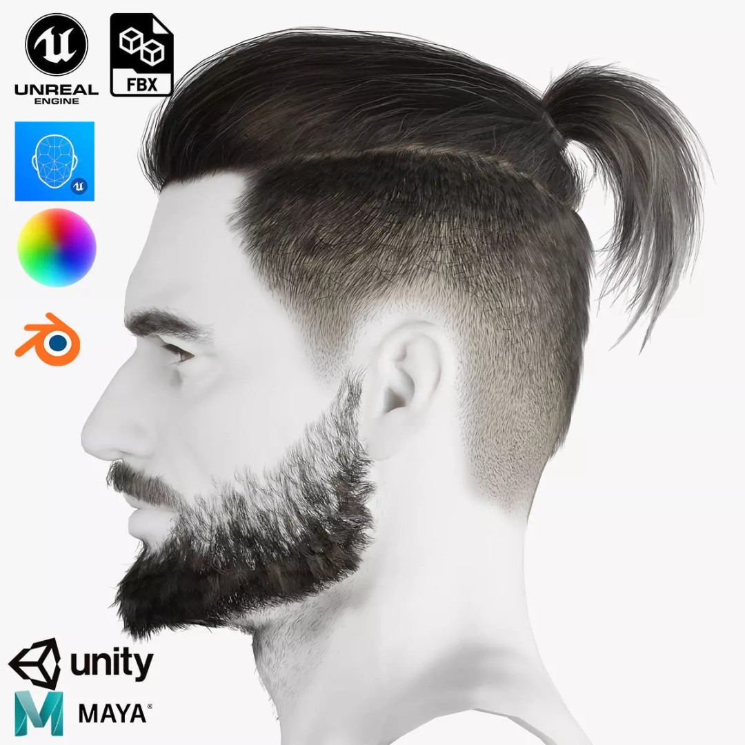 Realistic Hair 3D Model – Low Poly Beard and Mustache for Animation - View 2