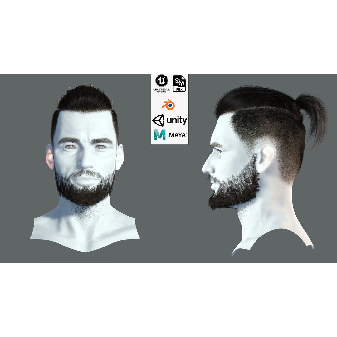 Realistic Hair 3D Model – Low Poly Beard and Mustache for Animation - View 3