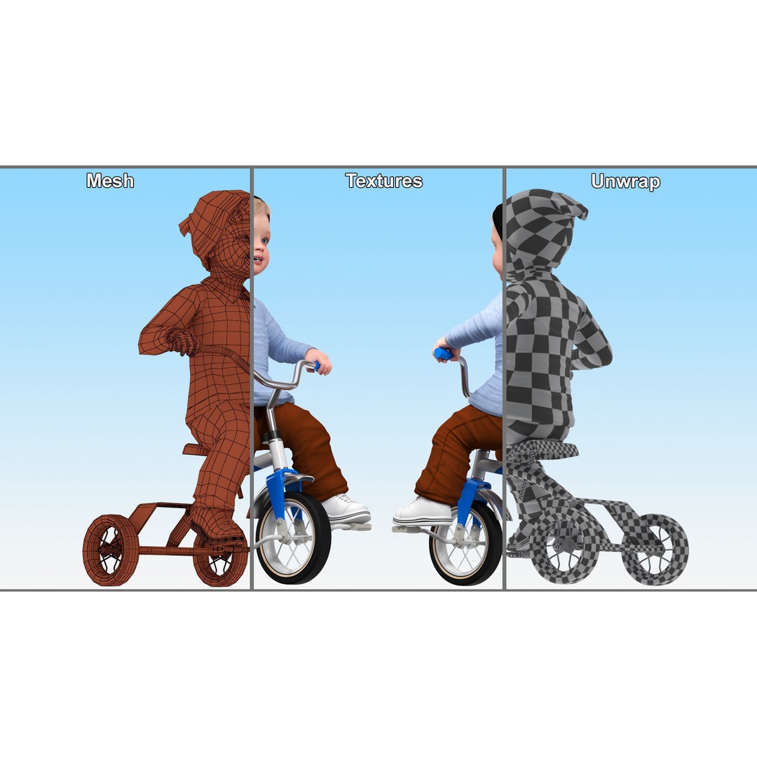 One Year Old Toddler on a Tricycle 3D Model – Realistic Child Character, PBR Textures - View 13