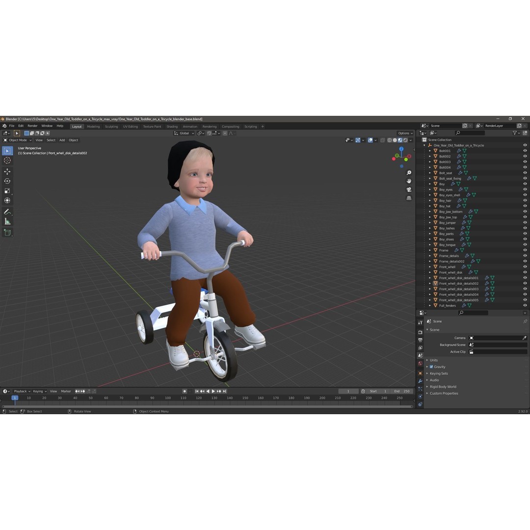 One Year Old Toddler on a Tricycle 3D Model – Realistic Child Character, PBR Textures - View 19