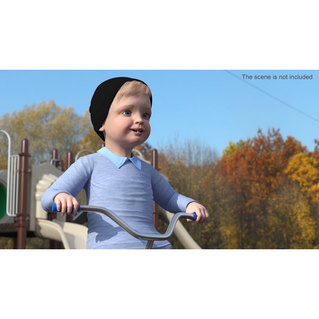 One Year Old Toddler on a Tricycle 3D Model – Realistic Child Character, PBR Textures - View 3