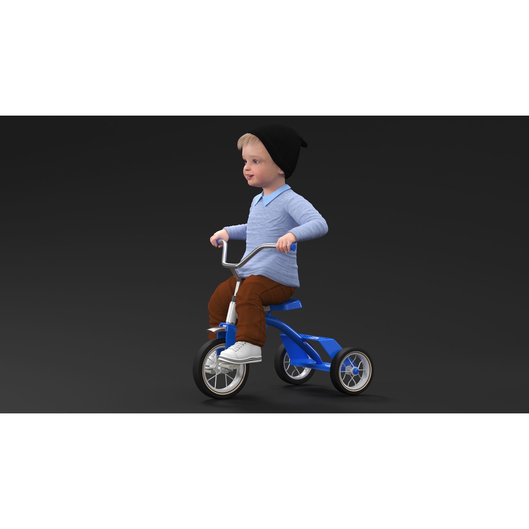 One Year Old Toddler on a Tricycle 3D Model – Realistic Child Character, PBR Textures - View 4
