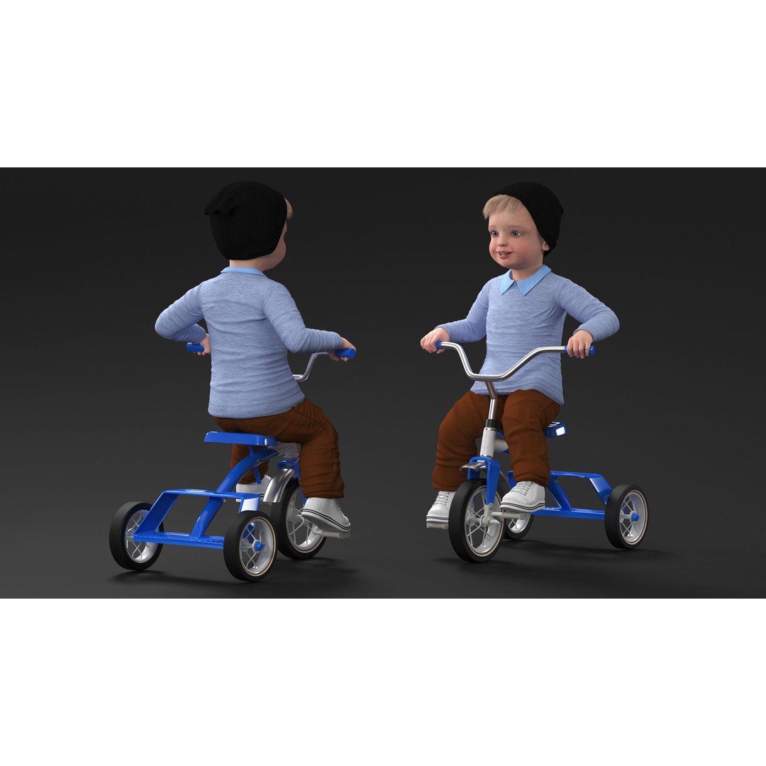 One Year Old Toddler on a Tricycle 3D Model – Realistic Child Character, PBR Textures - View 5
