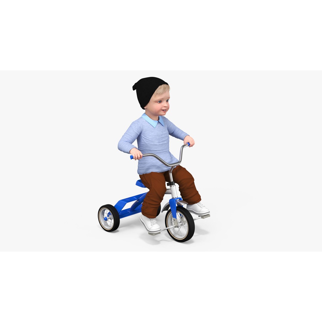 One Year Old Toddler on a Tricycle 3D Model – Realistic Child Character, PBR Textures - View 6