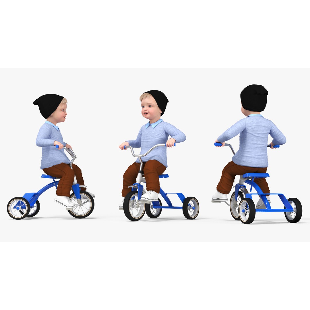 One Year Old Toddler on a Tricycle 3D Model – Realistic Child Character, PBR Textures - View 7