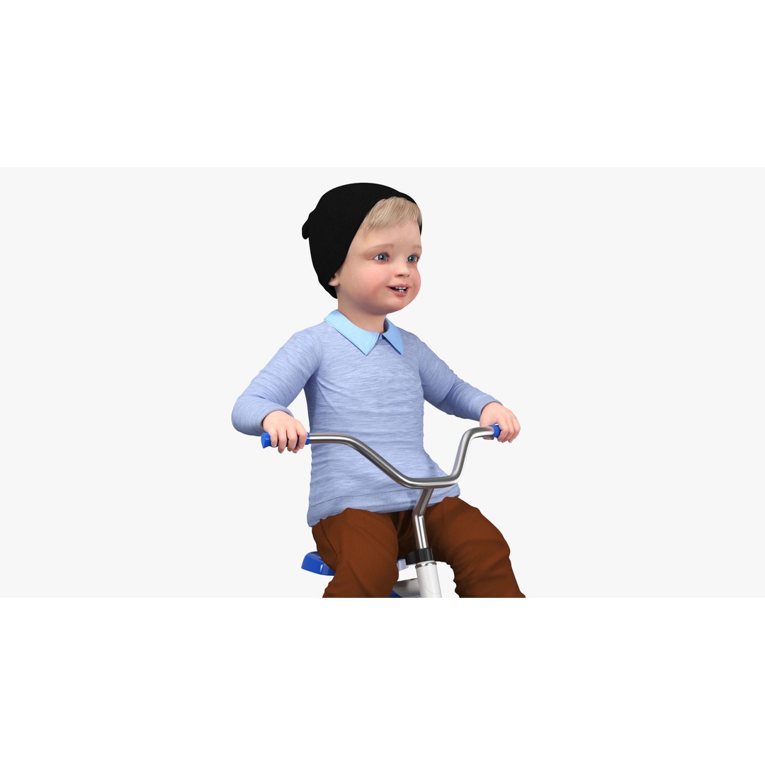 One Year Old Toddler on a Tricycle 3D Model – Realistic Child Character, PBR Textures - View 8
