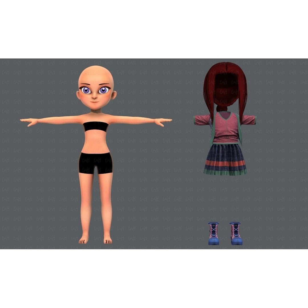 Base GirlV02 3D Model – Cartoon Female Character Clothing, FBX - View 3