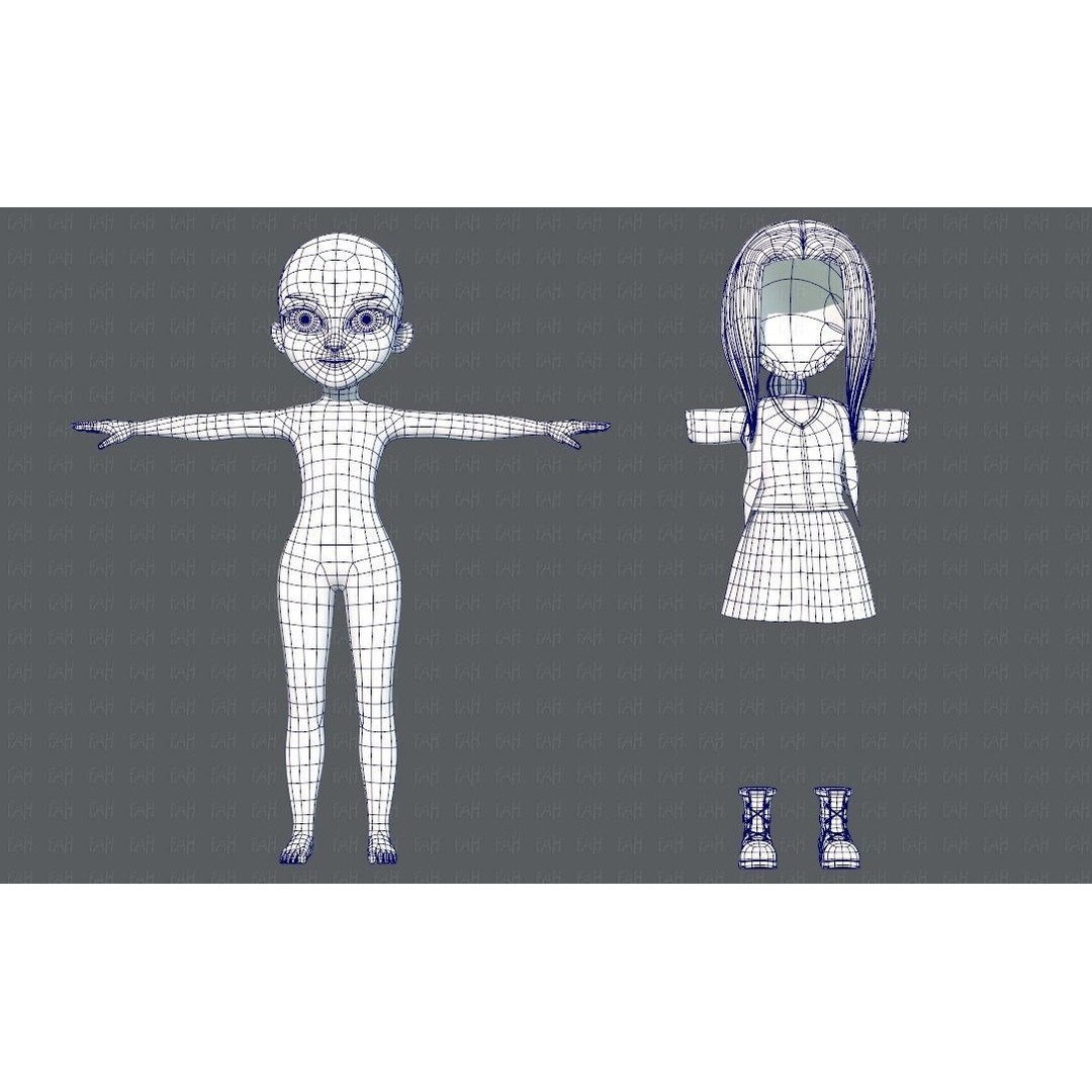 Base GirlV02 3D Model – Cartoon Female Character Clothing, FBX - View 4