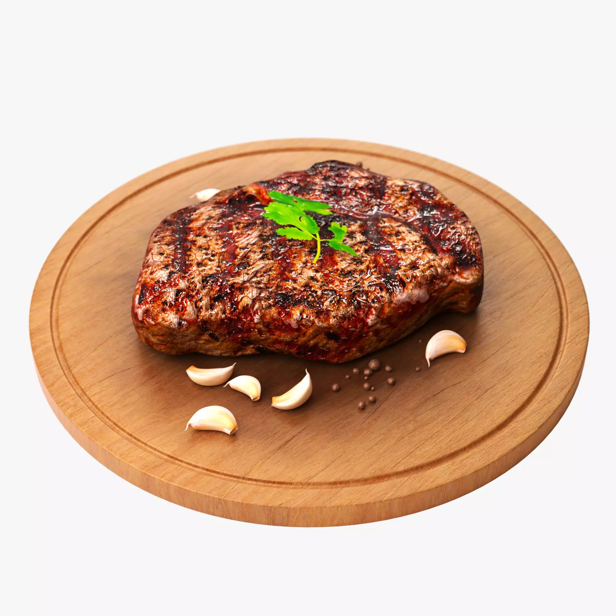 Fried Meat Steak on Wooden Board - PBR Textured 3D Model - View 2