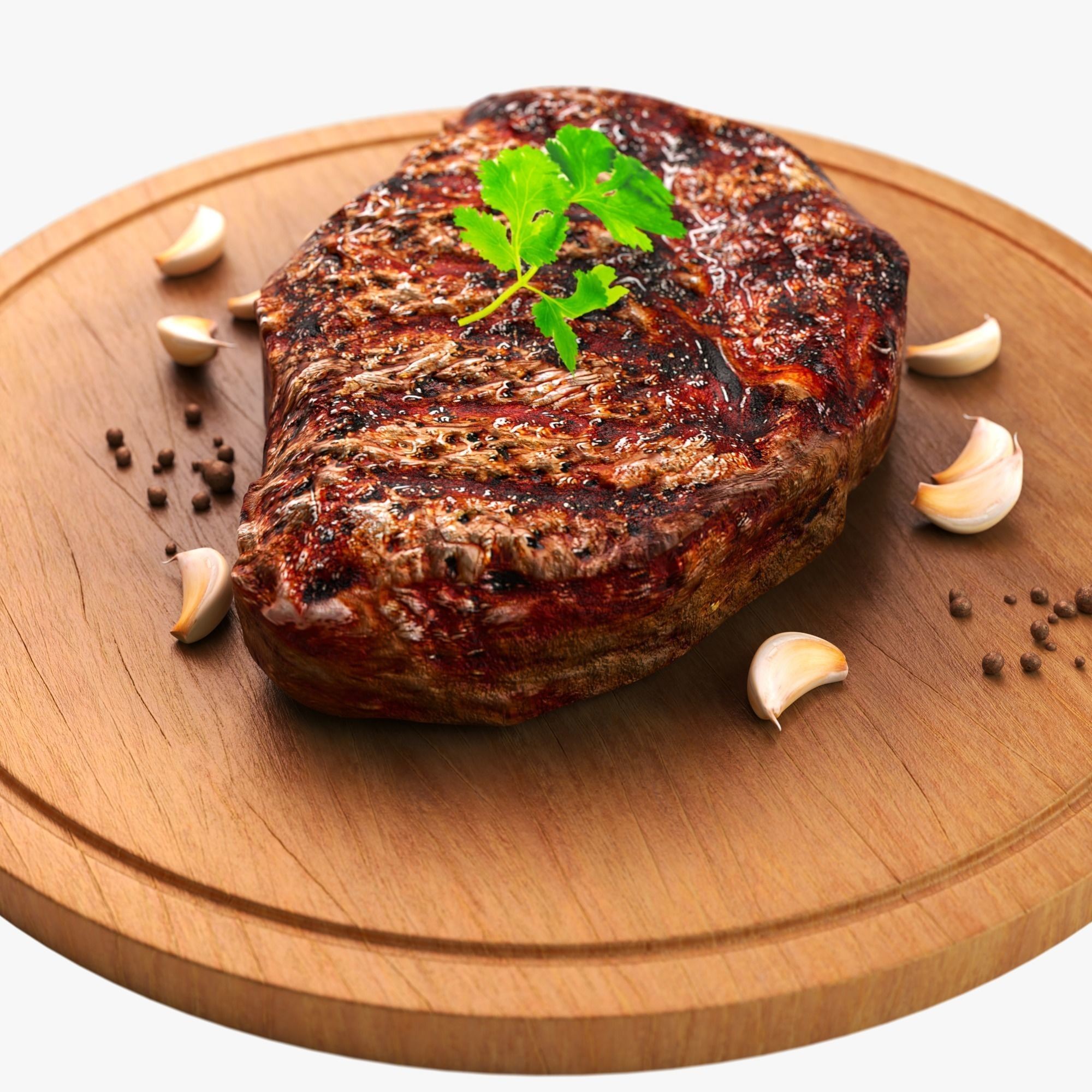 Fried Meat Steak on Wooden Board - PBR Textured 3D Model - View 3