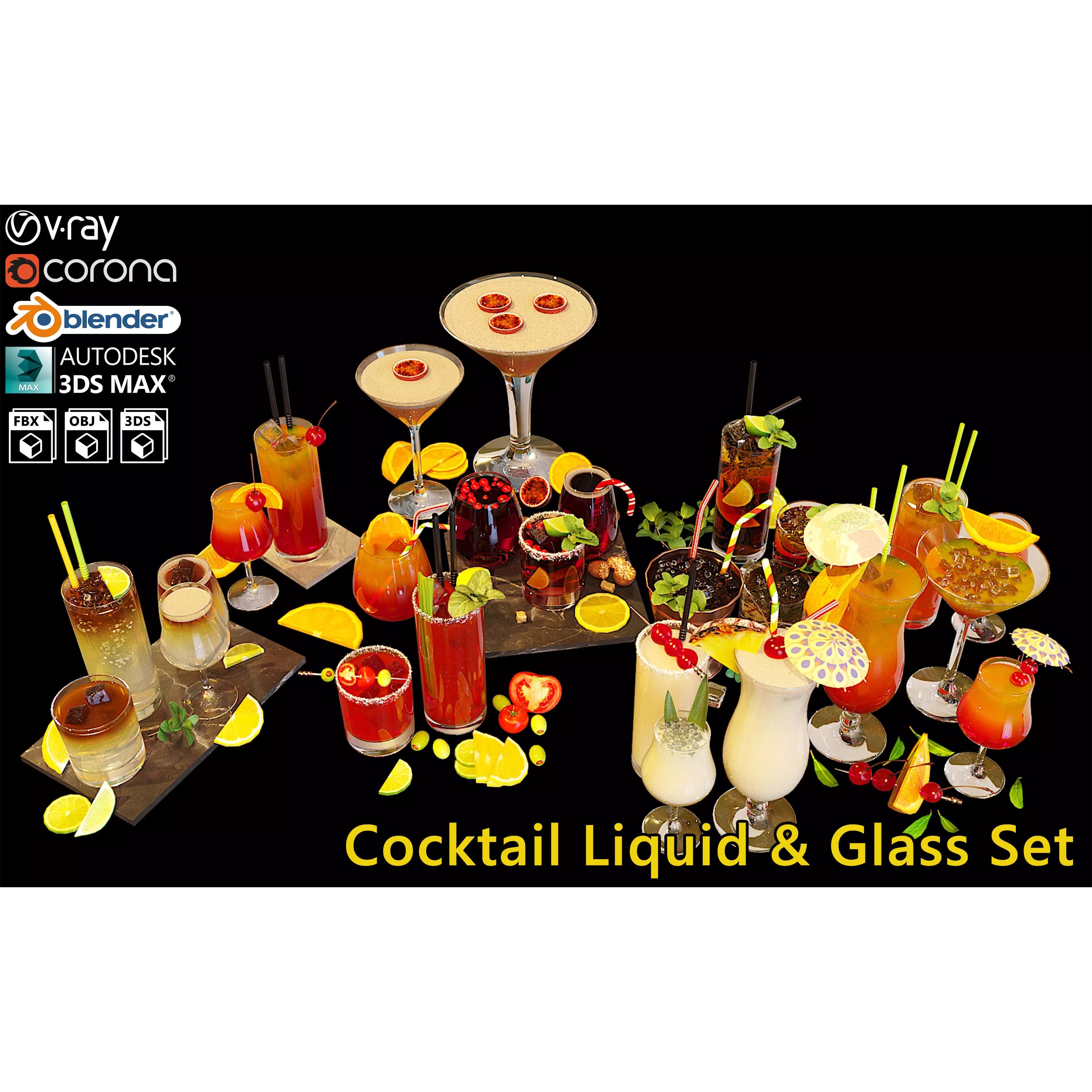 Cocktail Liquid & Glass Set - Game-Ready 3D Model - View 2