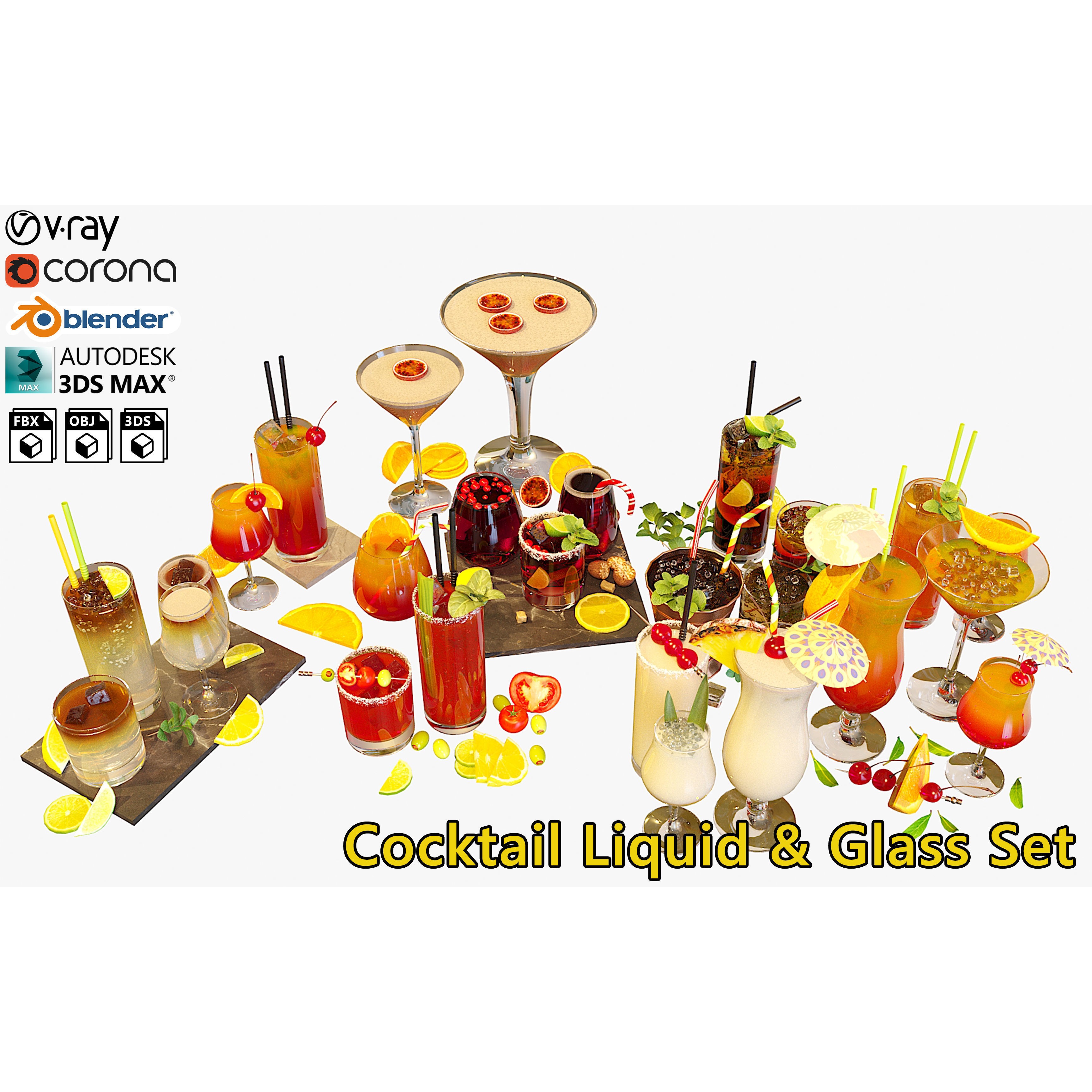 Cocktail Liquid & Glass Set - Game-Ready 3D Model - View 3