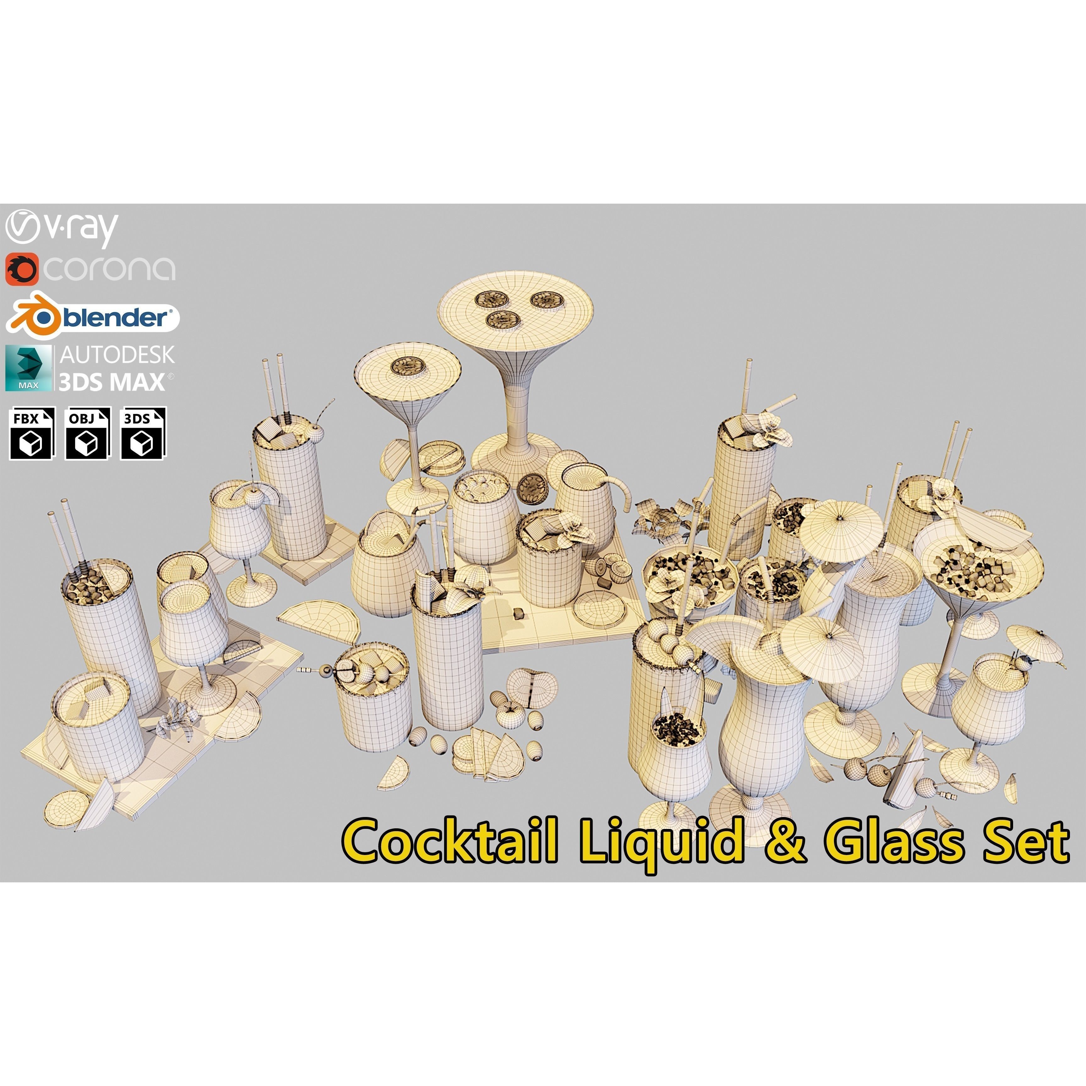 Cocktail Liquid & Glass Set - Game-Ready 3D Model - View 4
