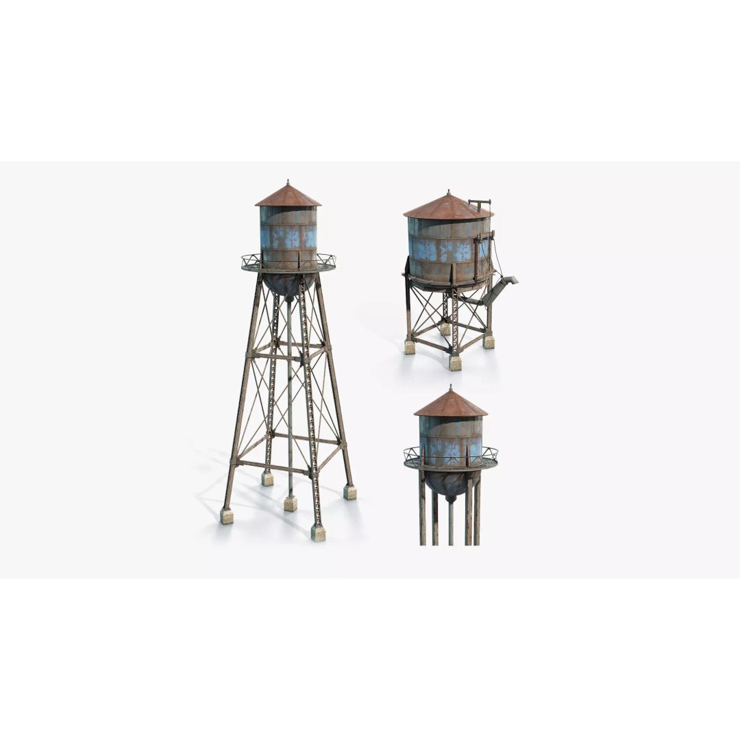 Water Towers 3D Model – Low Poly Industrial Asset, FBX, OBJ - View 2