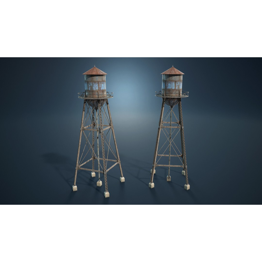 Water Towers 3D Model – Low Poly Industrial Asset, FBX, OBJ - View 3
