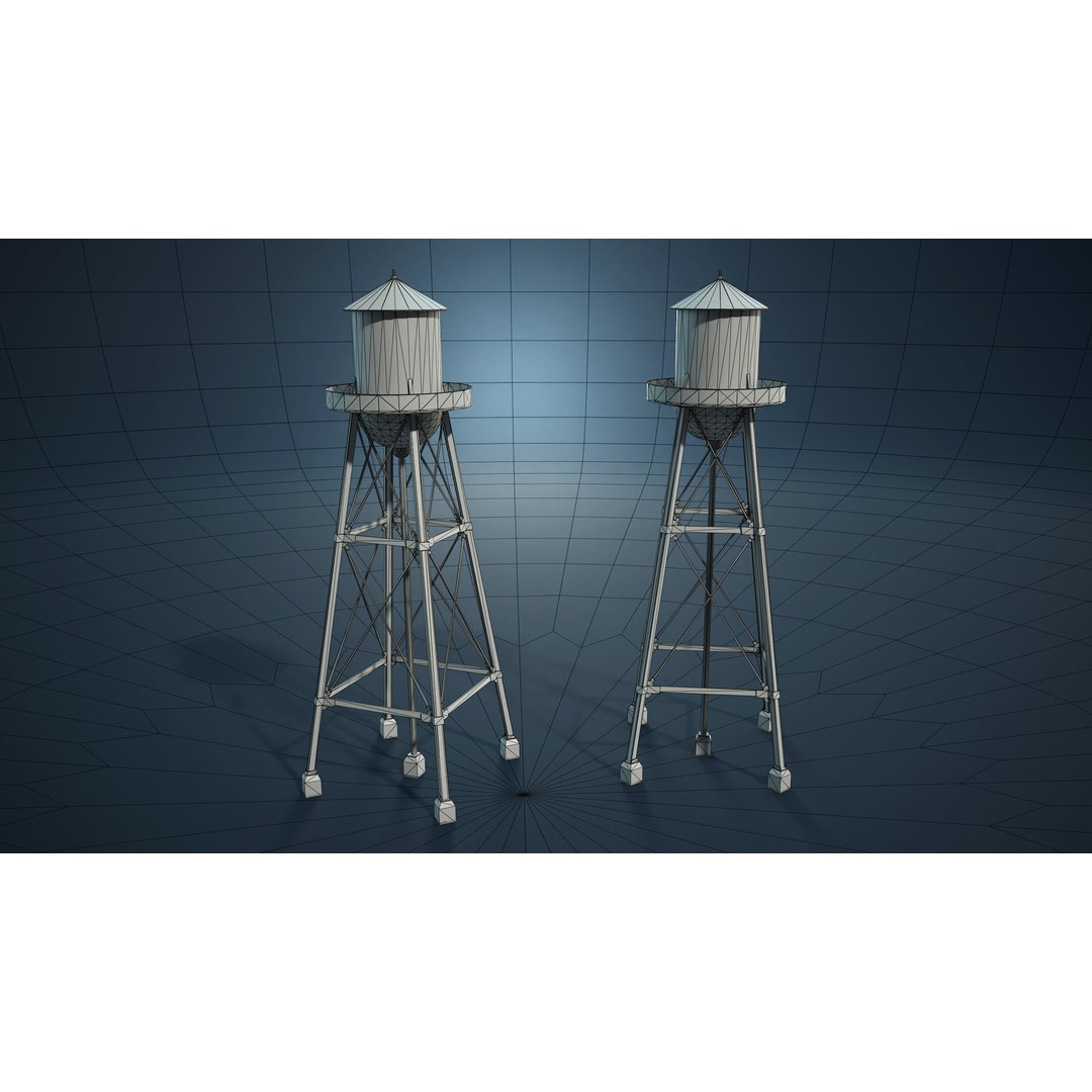 Water Towers 3D Model – Low Poly Industrial Asset, FBX, OBJ - View 4