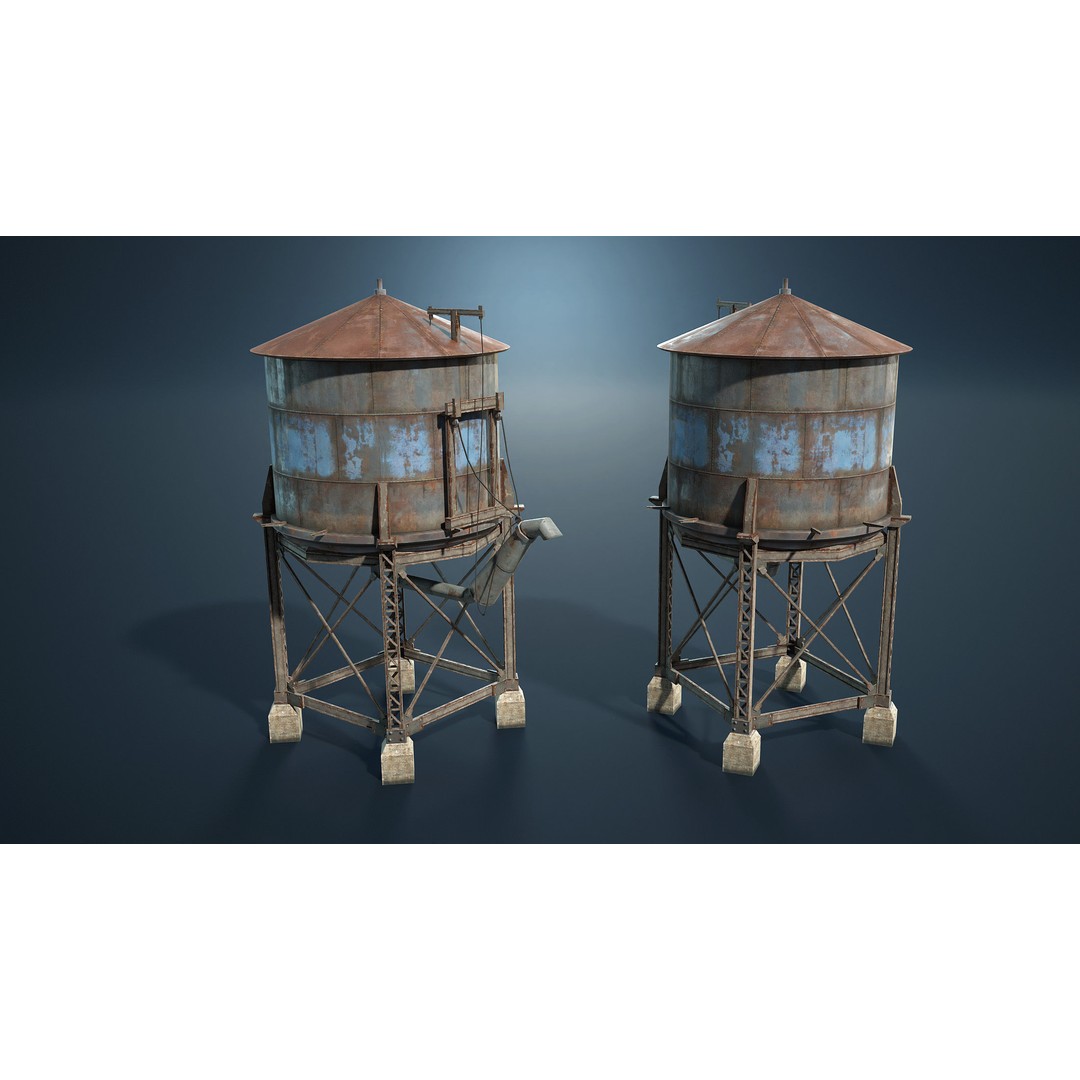 Water Towers 3D Model – Low Poly Industrial Asset, FBX, OBJ - View 5