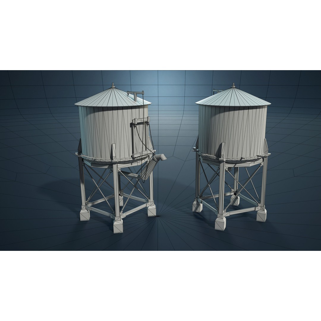 Water Towers 3D Model – Low Poly Industrial Asset, FBX, OBJ - View 6