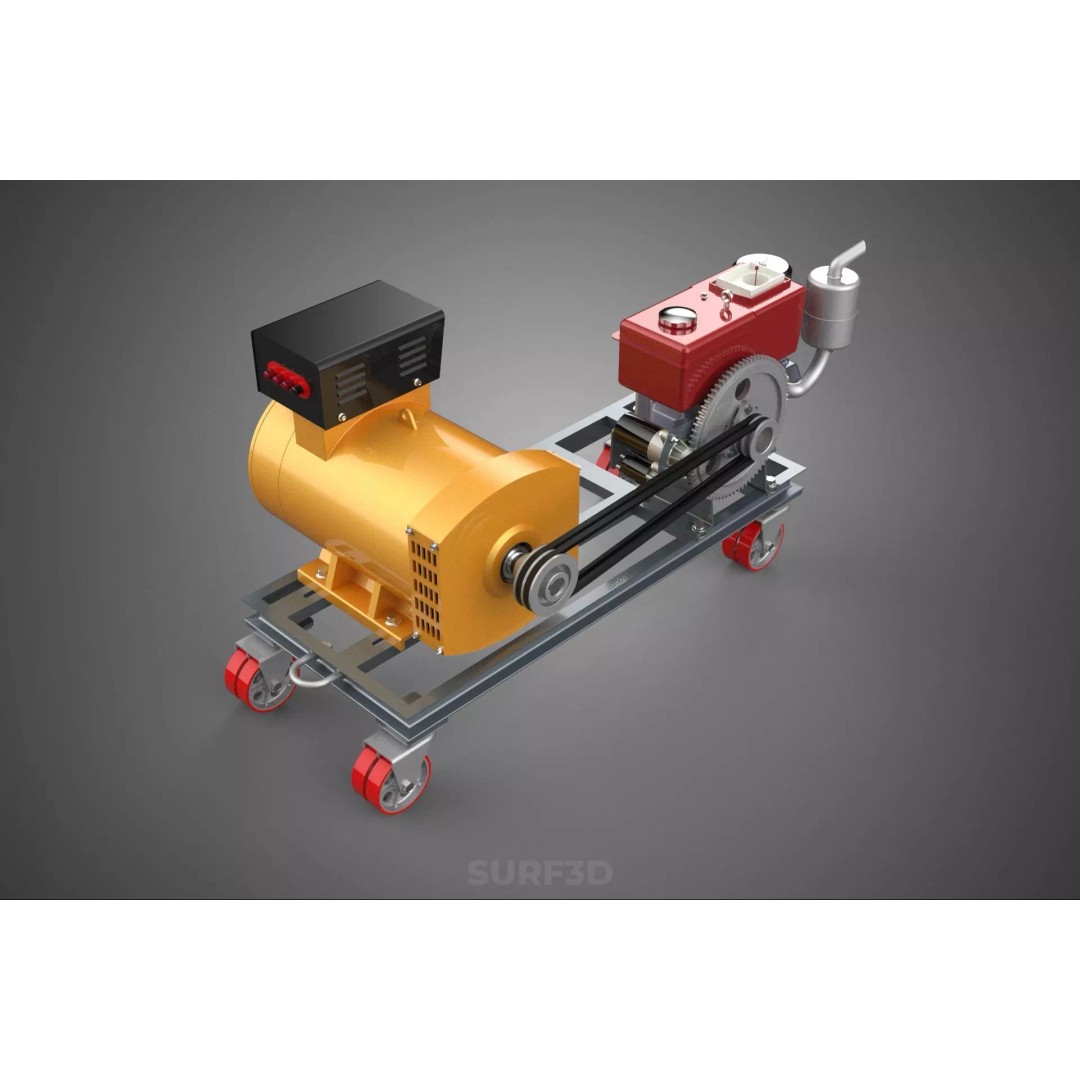 Diesel Power Generator Set 3D Model – Mobile Genset with Swivel Casters, FBX - View 3