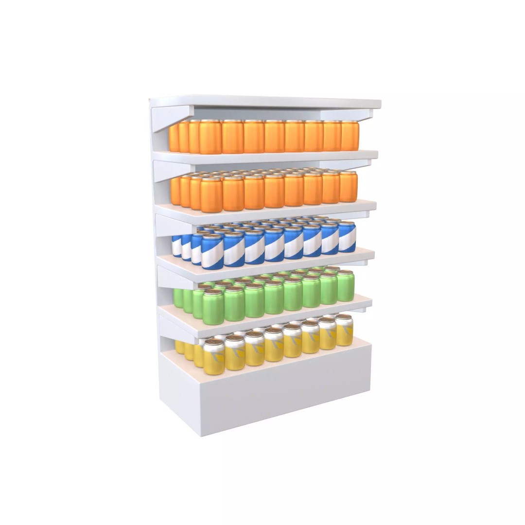 Canned Drinks 3D Model – Cartoon Beverage Shelf, PBR Textures, FBX - View 2