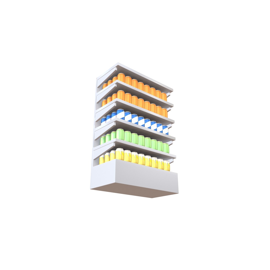 Canned Drinks 3D Model – Cartoon Beverage Shelf, PBR Textures, FBX - View 3