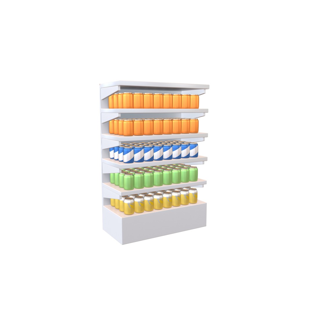 Canned Drinks 3D Model – Cartoon Beverage Shelf, PBR Textures, FBX - View 4