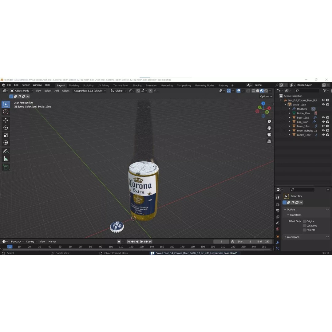 Not Full Corona Beer Bottle 3D Model – Realistic Beverage Asset, FBX - View 20