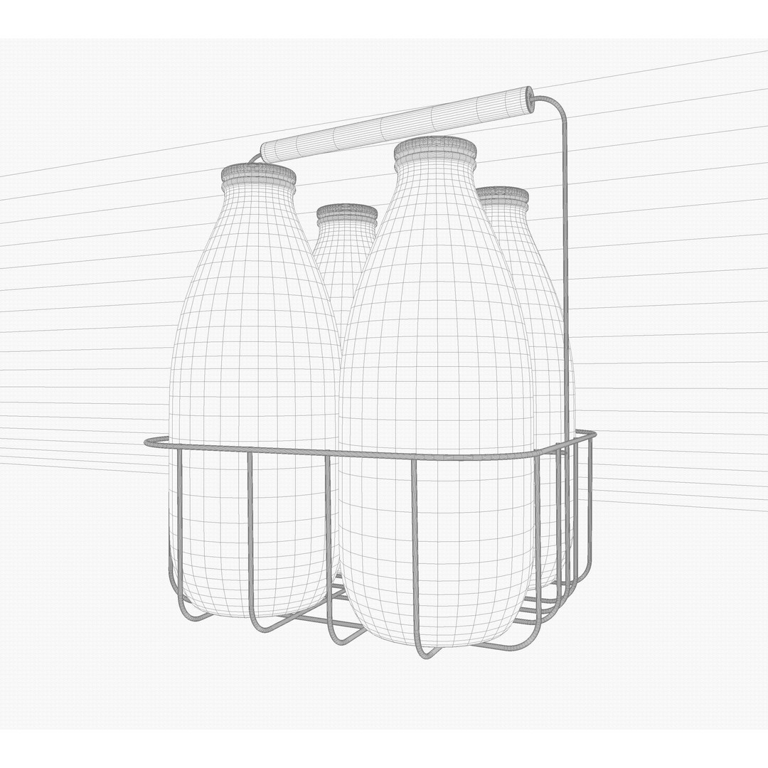Vintage Milk Delivery Crate 3D Model – Classic Wire Basket with Bottles - View 10