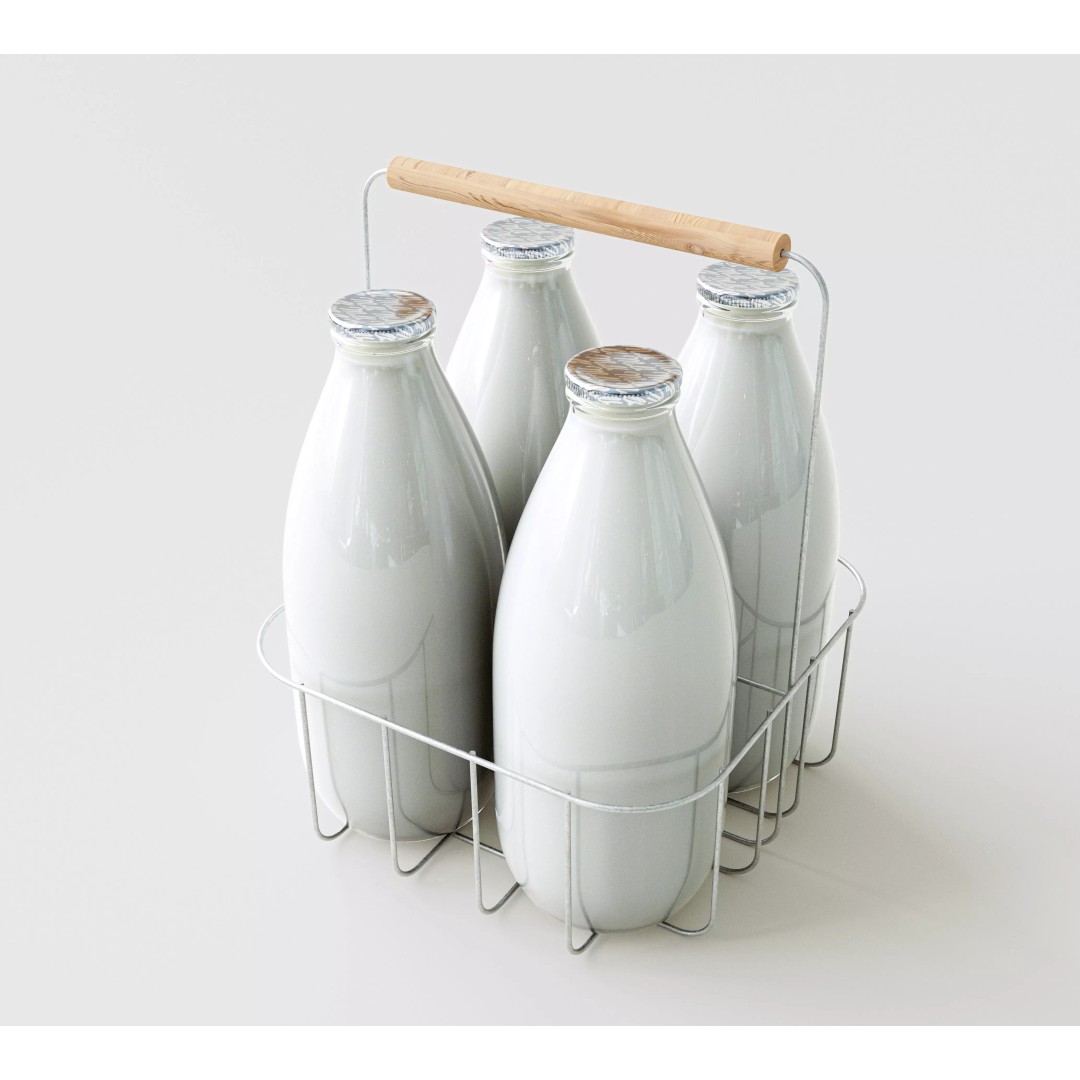 Vintage Milk Delivery Crate 3D Model – Classic Wire Basket with Bottles - View 2