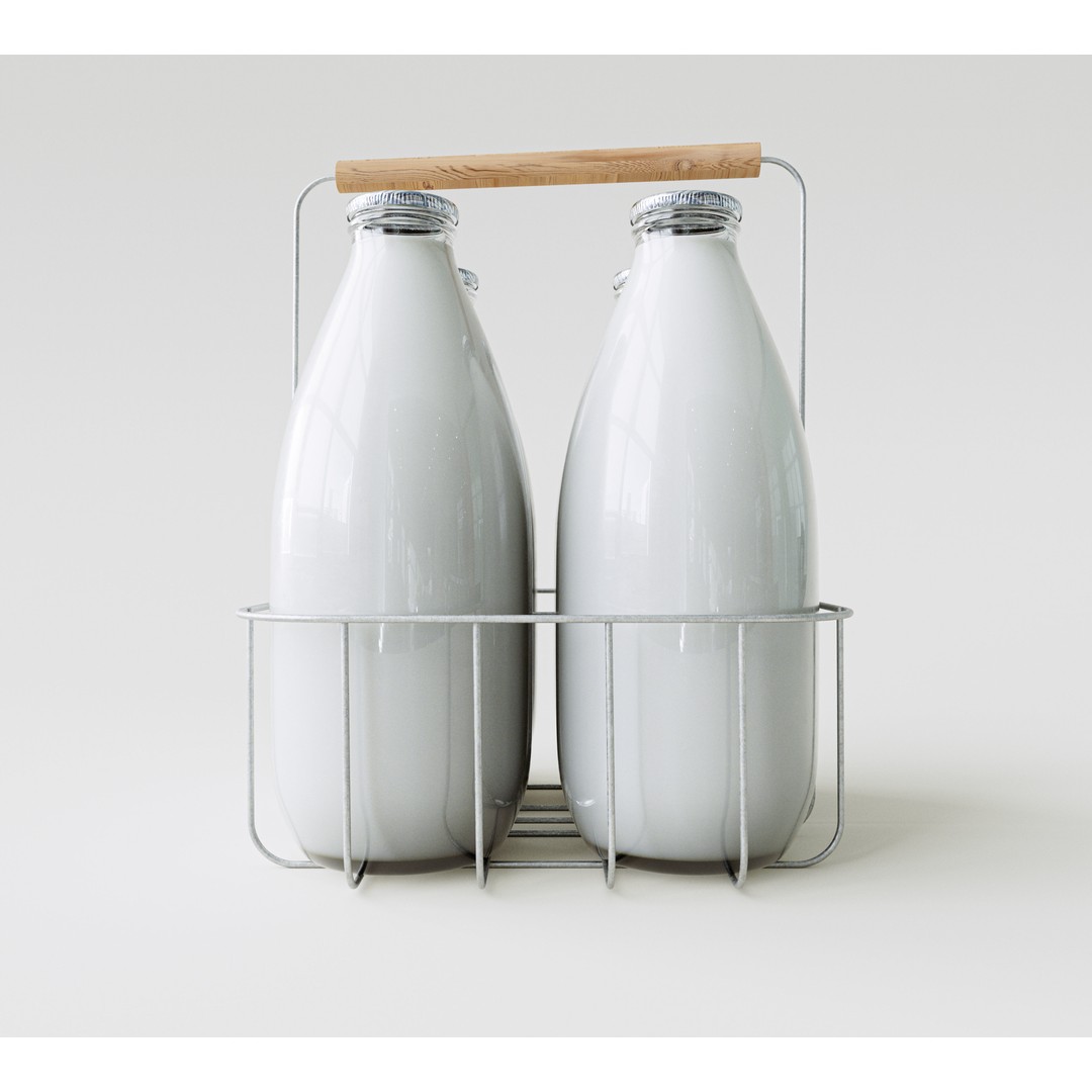 Vintage Milk Delivery Crate 3D Model – Classic Wire Basket with Bottles - View 3