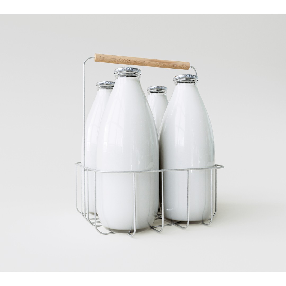 Vintage Milk Delivery Crate 3D Model – Classic Wire Basket with Bottles - View 4