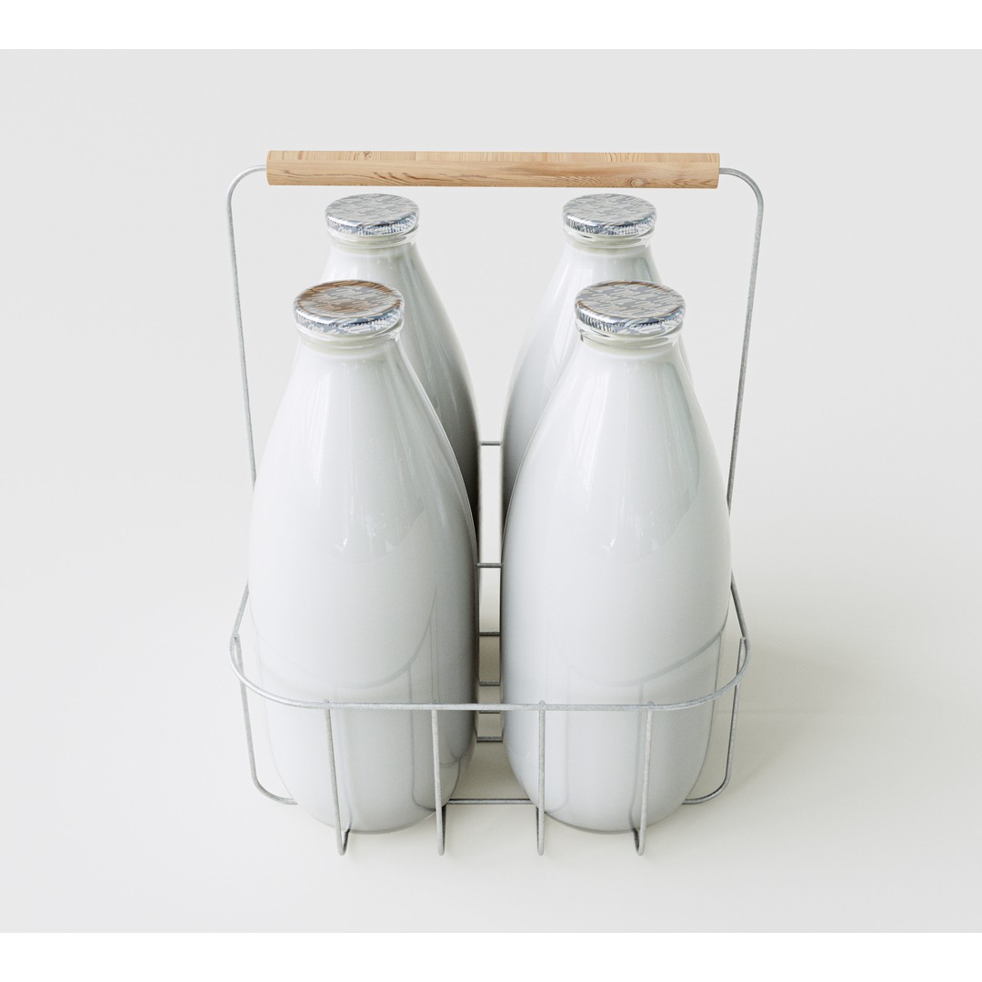 Vintage Milk Delivery Crate 3D Model – Classic Wire Basket with Bottles - View 5