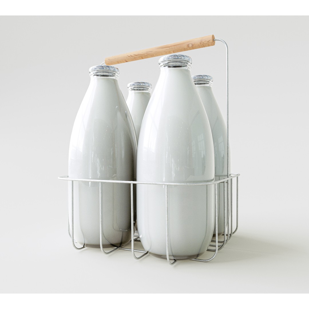 Vintage Milk Delivery Crate 3D Model – Classic Wire Basket with Bottles - View 6