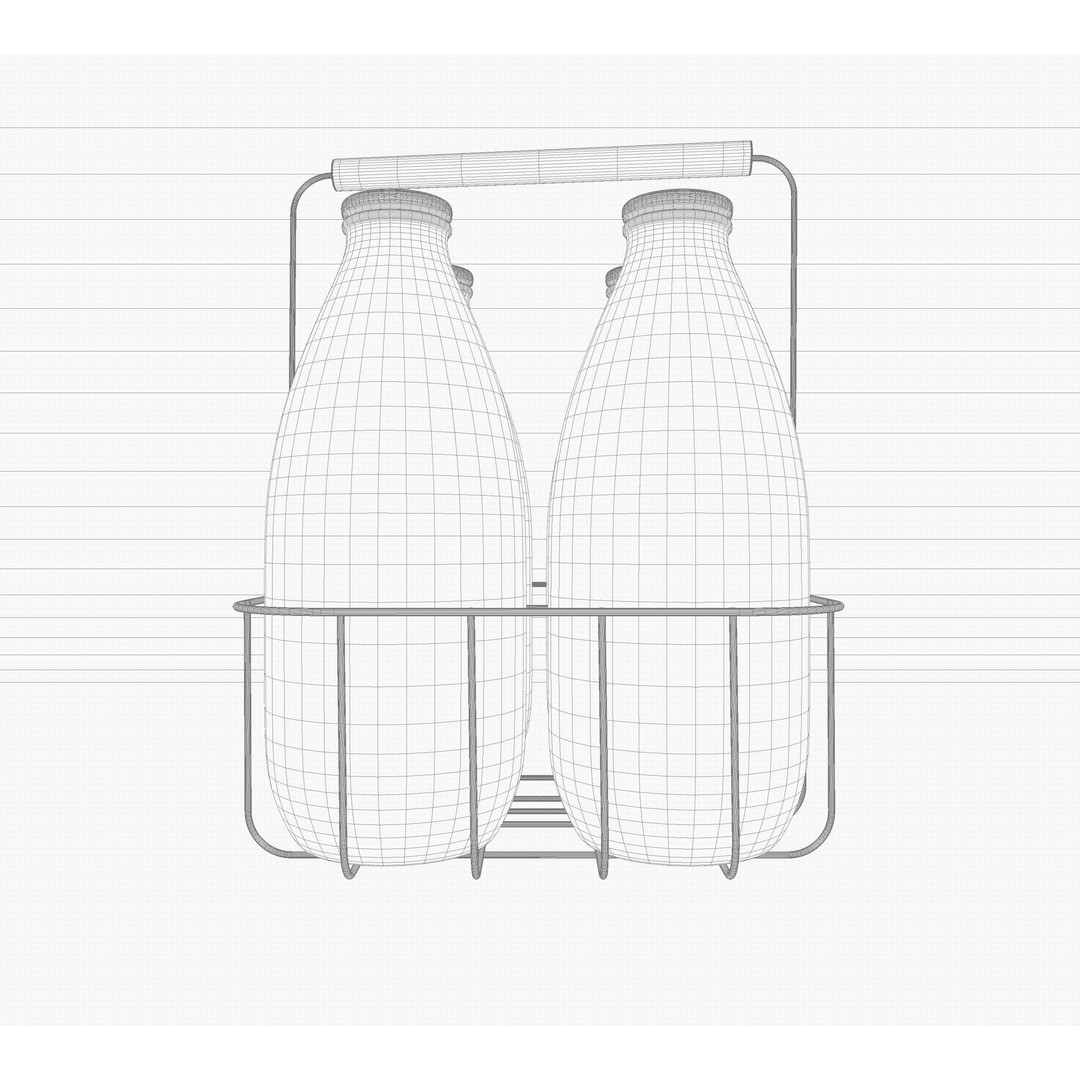 Vintage Milk Delivery Crate 3D Model – Classic Wire Basket with Bottles - View 7