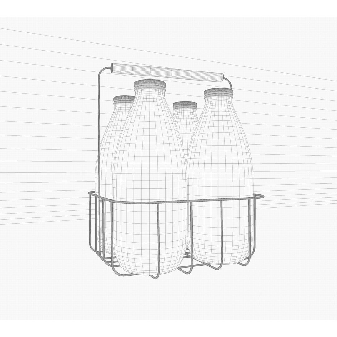 Vintage Milk Delivery Crate 3D Model – Classic Wire Basket with Bottles - View 8