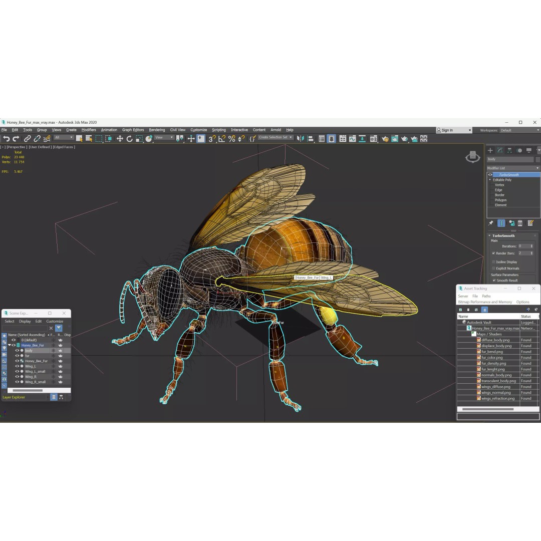 Honey Bee Fur 3D Model – High Poly PBR Asset, FBX, OBJ - View 24