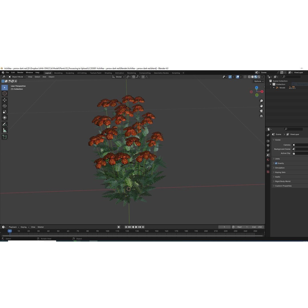 Achillea 3D Model – Low Poly Dark Red Yarrow Plant for VR & AR - View 8