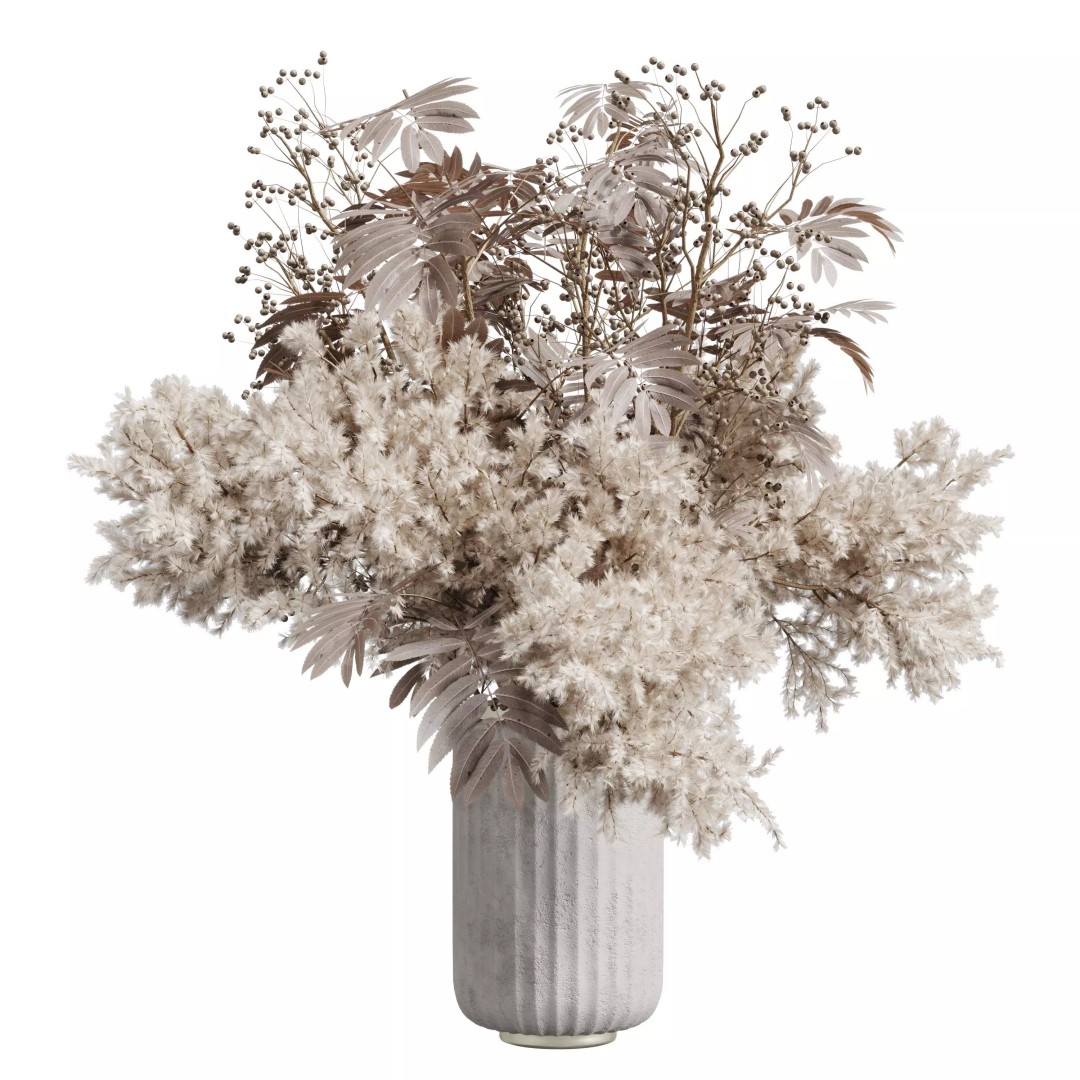 Pampas Dry Flowers 3D Model – Modern Bouquet in Concrete Vase, PBR - View 2