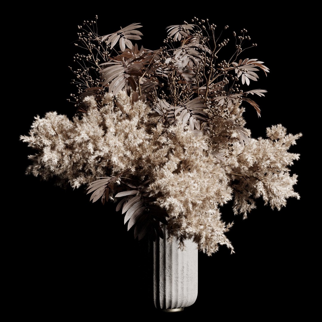 Pampas Dry Flowers 3D Model – Modern Bouquet in Concrete Vase, PBR - View 3